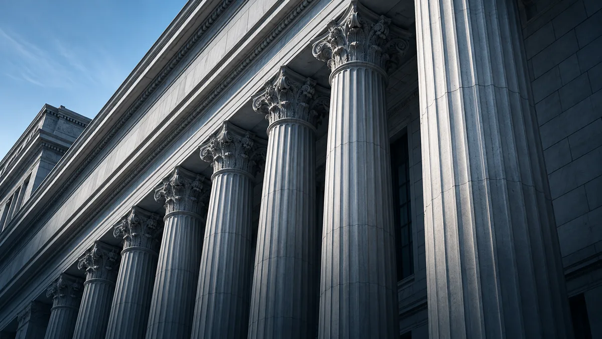 Columnas clásicas de un tribunal fotografiadas desde abajo contra un cielo frío.