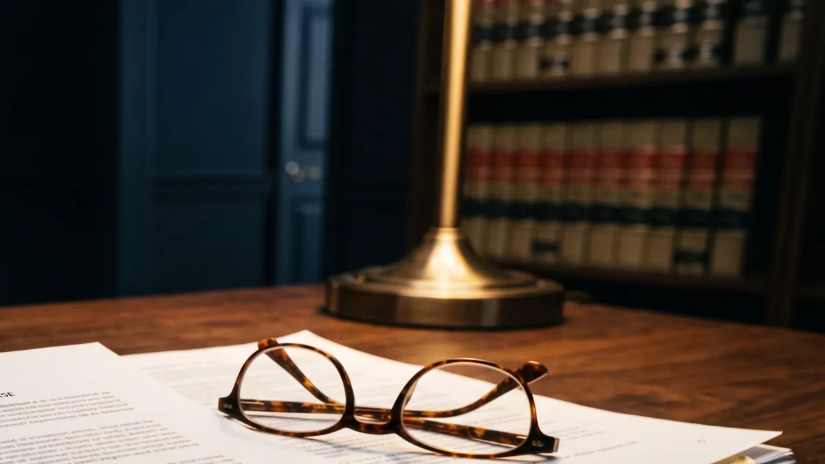 Lentes de lectura sobre un acuerdo junto a una lámpara de latón en un escritorio de nogal.