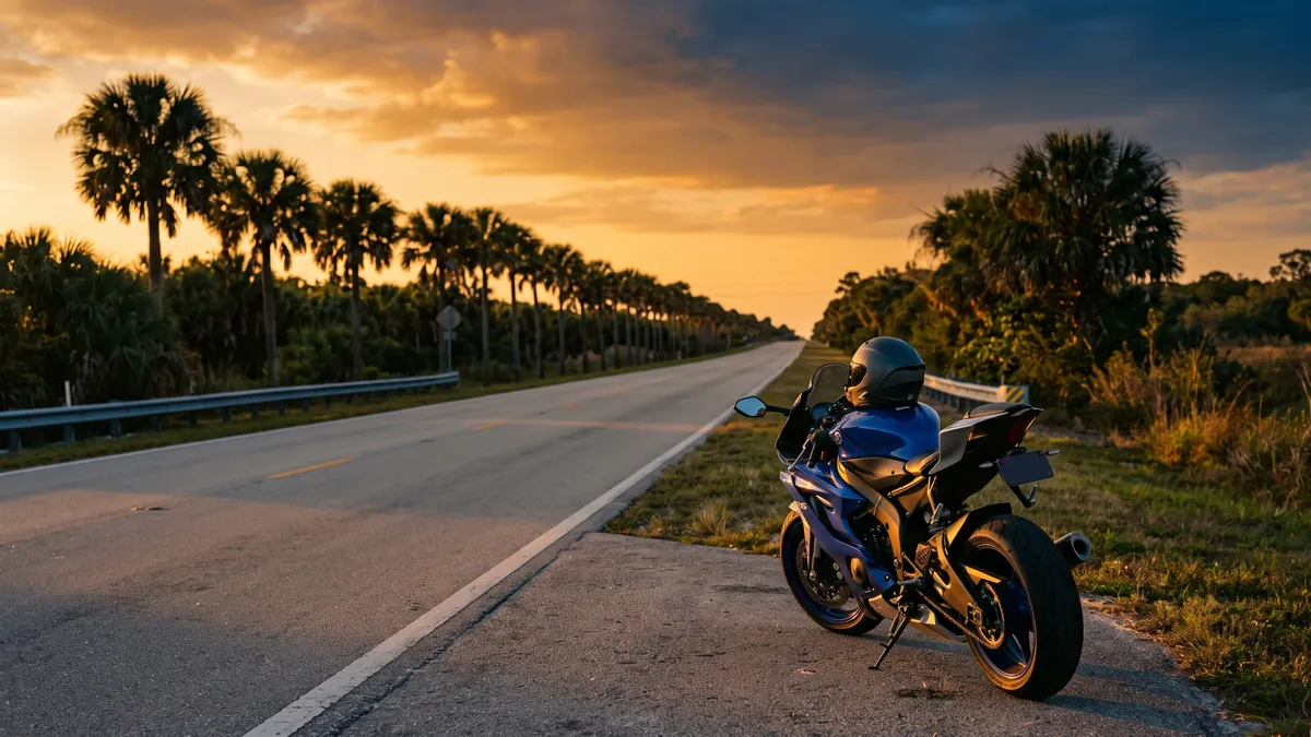Una motocicleta deportiva en el arcén de una carretera de Florida a la hora dorada, con el casco en el asiento.