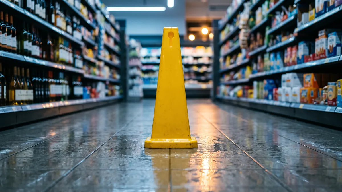 Un cono amarillo de piso mojado en un pasillo de supermercado, visto desde el nivel del piso.