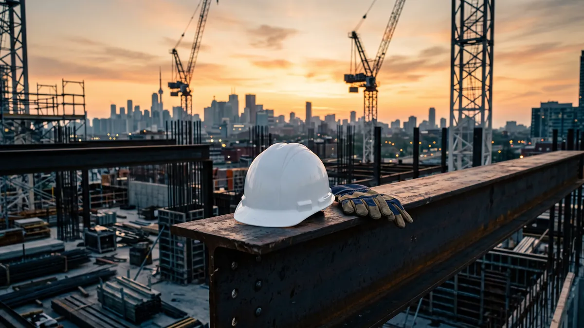 Un casco blanco y guantes de trabajo sobre una viga de acero al amanecer, con grúas y la ciudad detrás.